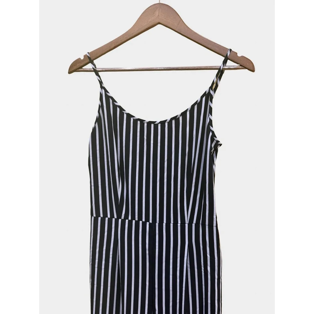 🌻3/$10 Ci Sono Black Ivory Striped Jumpsuit Spaghetti Strap Small Minimalist - Picture 3 of 9